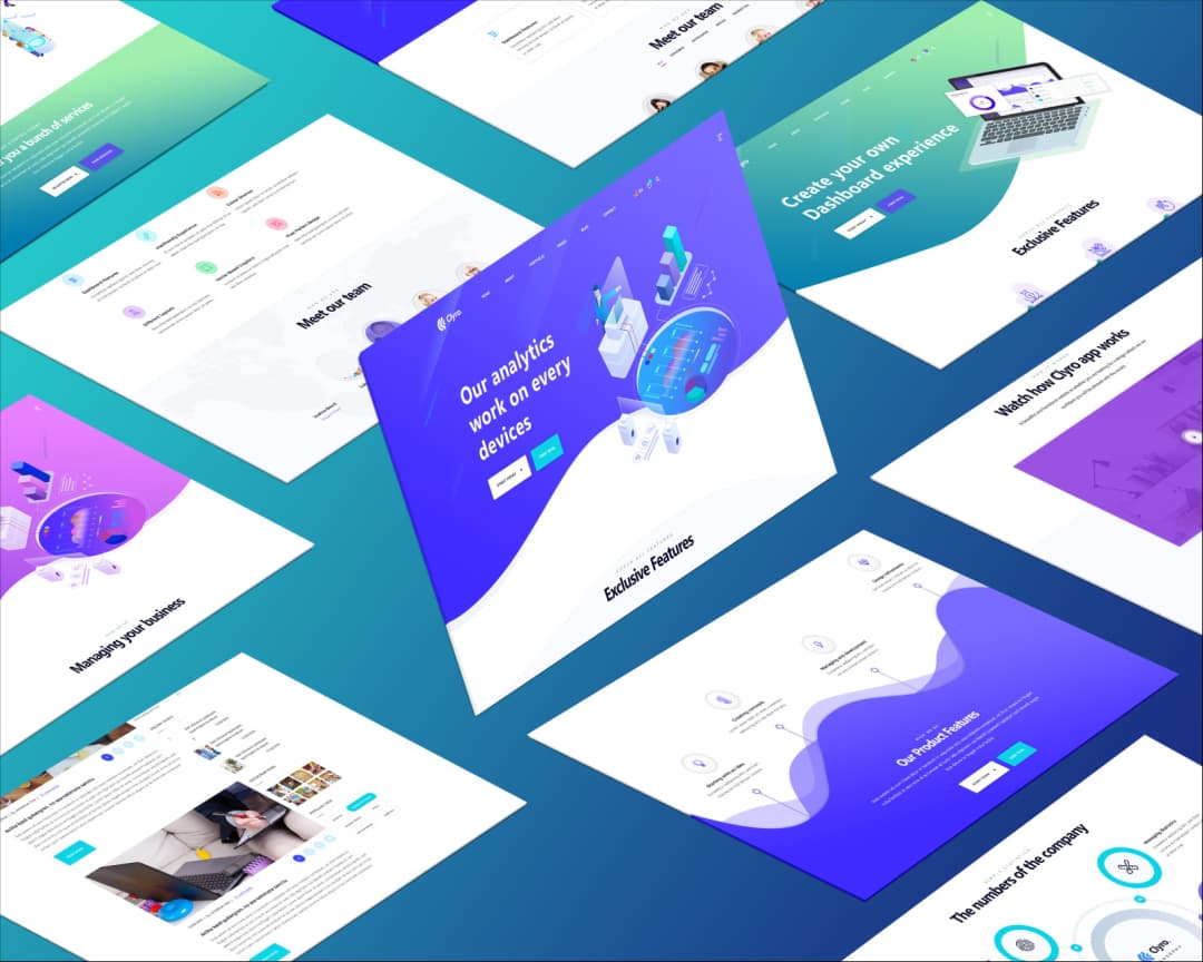 A dynamic layout showcasing multiple colorful screens of various web and app projects, highlighting a range of analytics, team management, and creative designs.