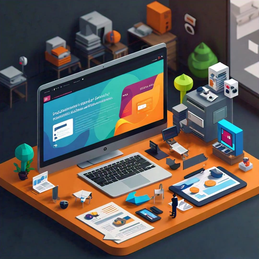 A modern digital workspace featuring a computer with an interactive website & interface.