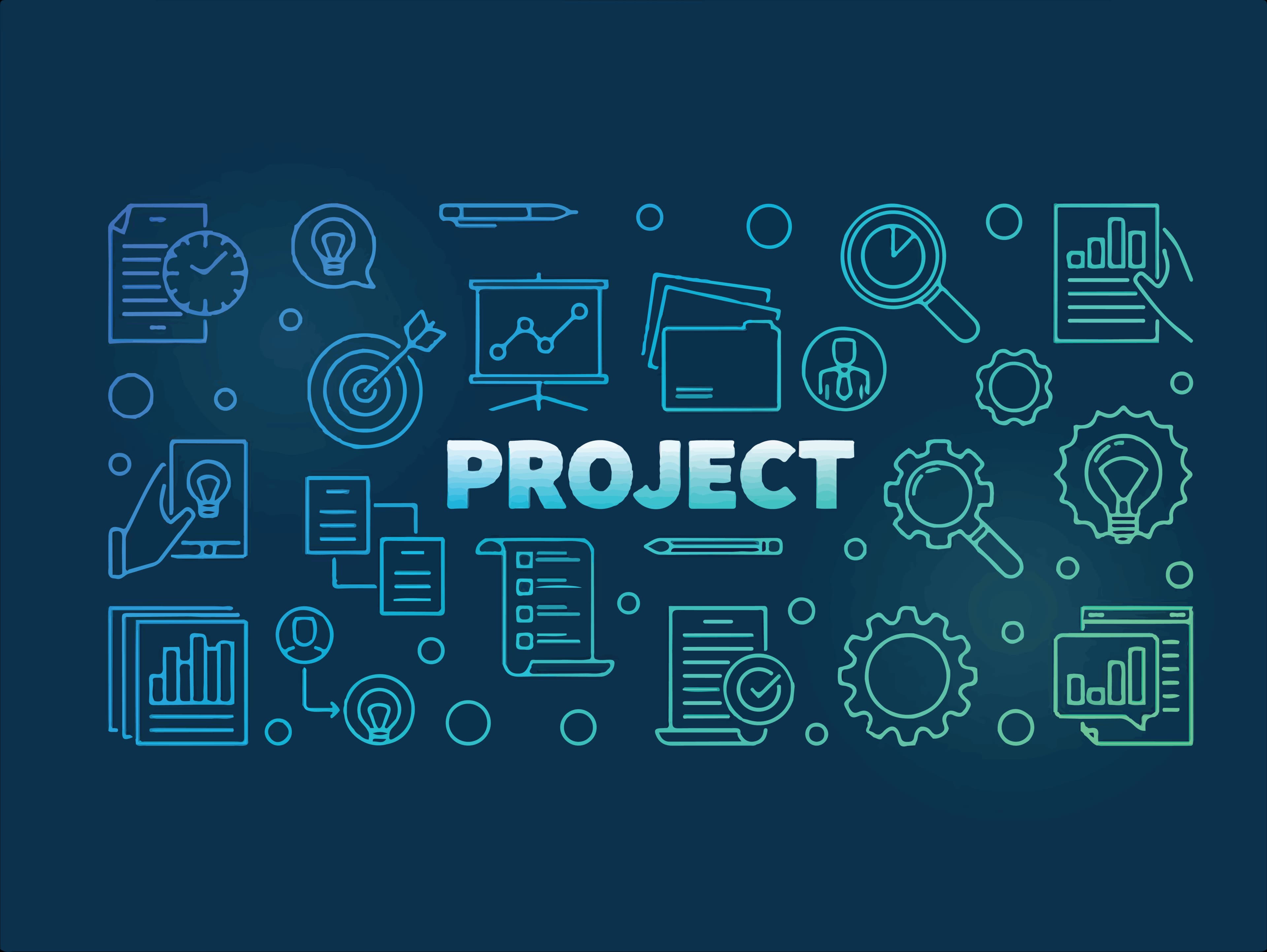 A graphical representation of project management concepts, showcasing icons for strategy, charts, and tools on a blue background with the word "Project" highlighted.