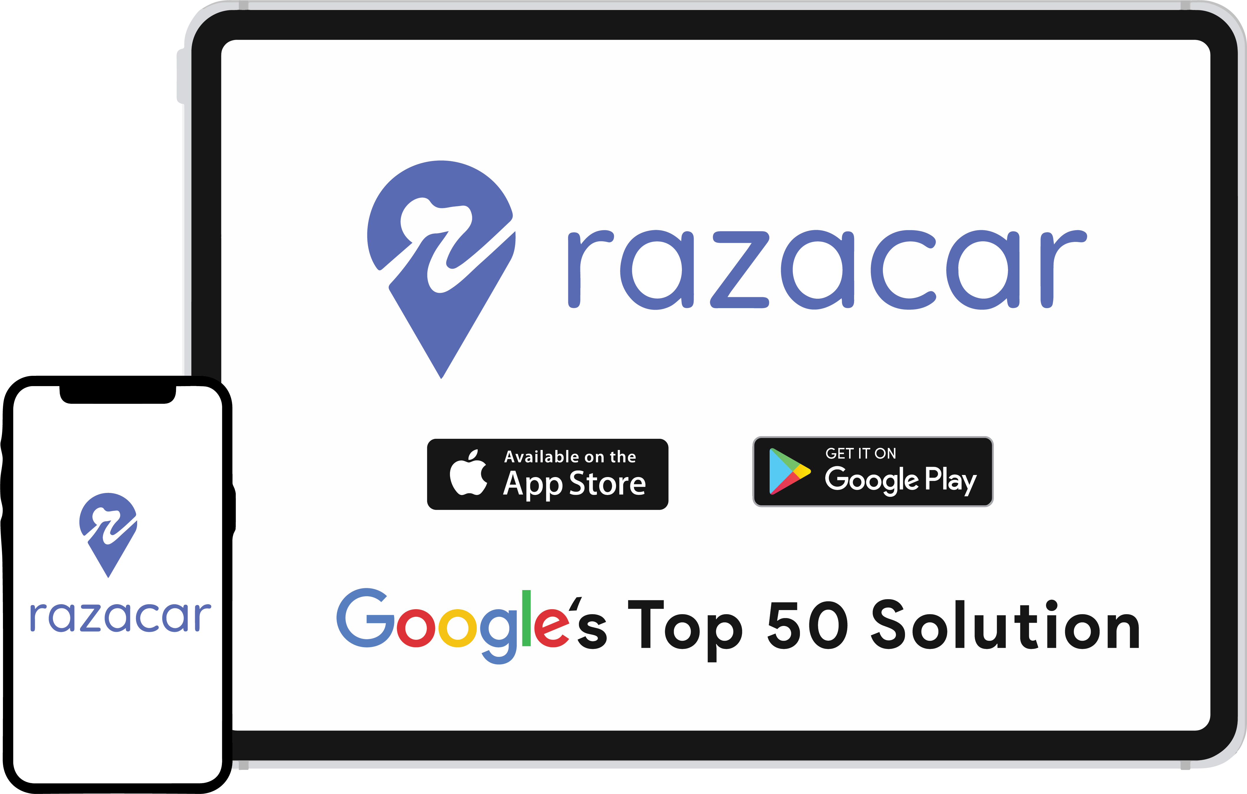 A promotional image for Razacar showcasing its app availability on the App Store and Google Play, highlighting its achievement as one of Google Top 50 Solutions.