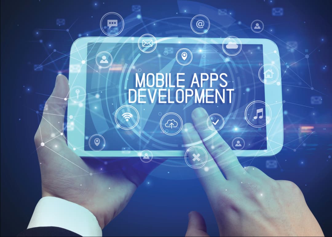 Hands holding a tablet with "Mobile Apps Development" displayed, surrounded by interconnected digital icons, representing versatile app functionalities and integration.