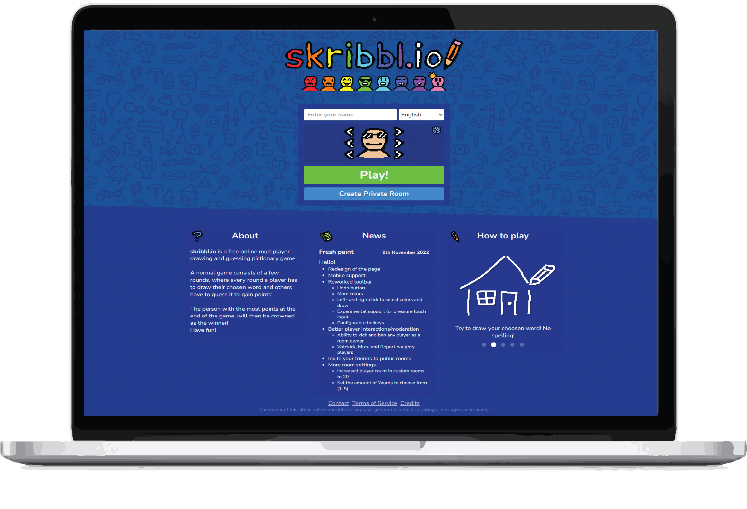 A full-screen view of the Skribbl.io platform, featuring a playful design with intuitive options for entering names, creating rooms, and enjoying interactive multiplayer games.