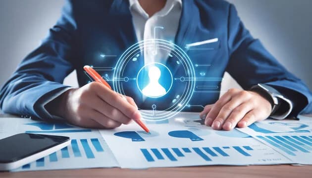 Businessman analyzing a profile with data visualization.