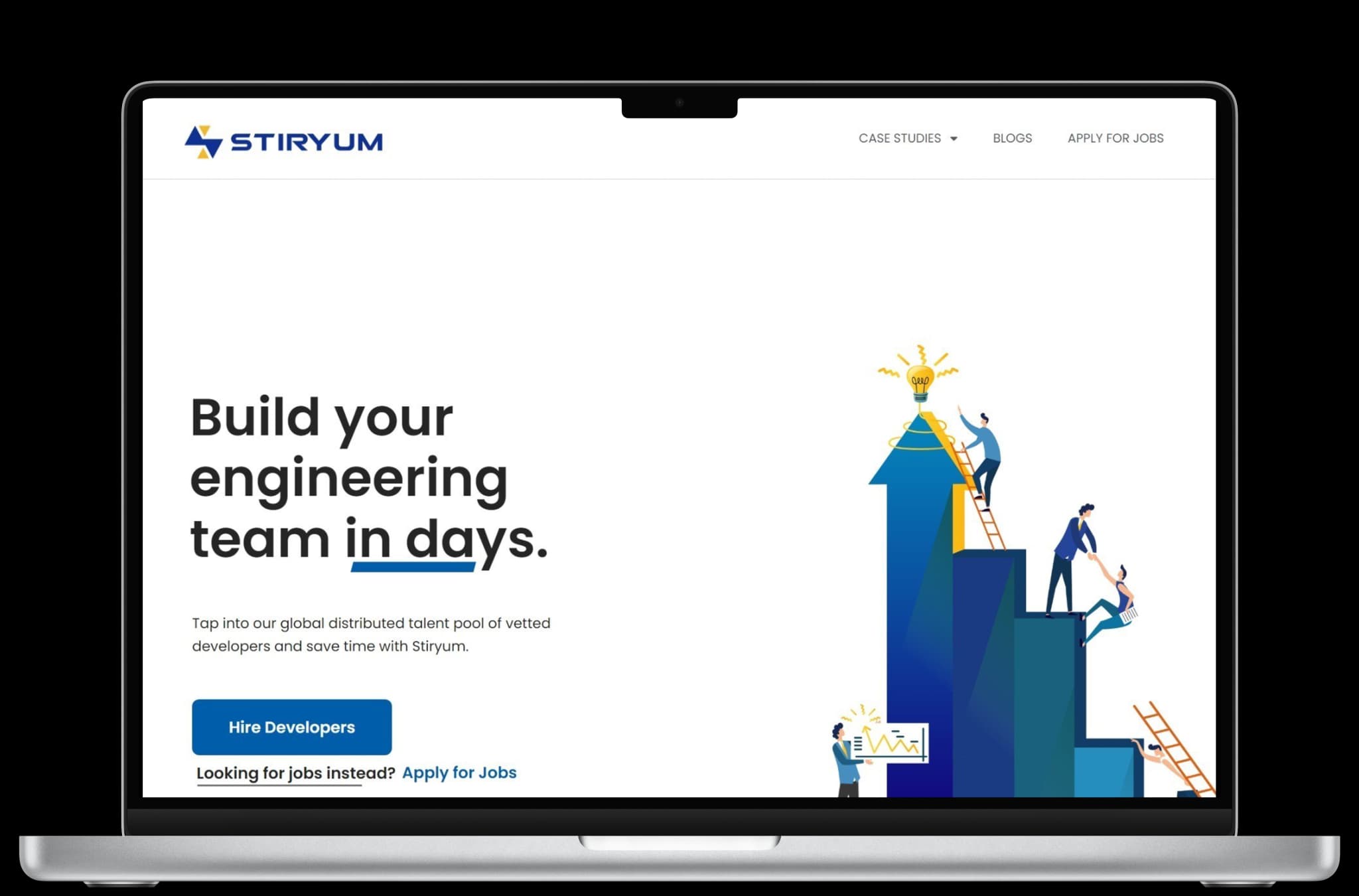 A clean and professional laptop mockup showcasing Stiryum platform, emphasizing building engineering teams quickly with a minimalistic interface and vibrant illustrations of teamwork and growth.