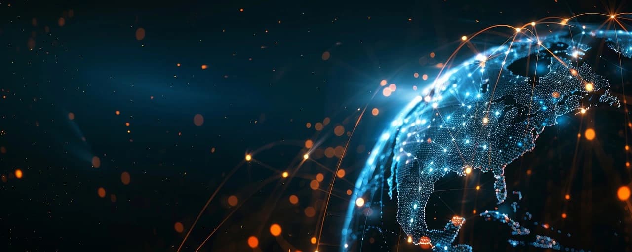 A glowing digital globe with illuminated data points and interconnected lines symbolizing global connectivity and technology integration.