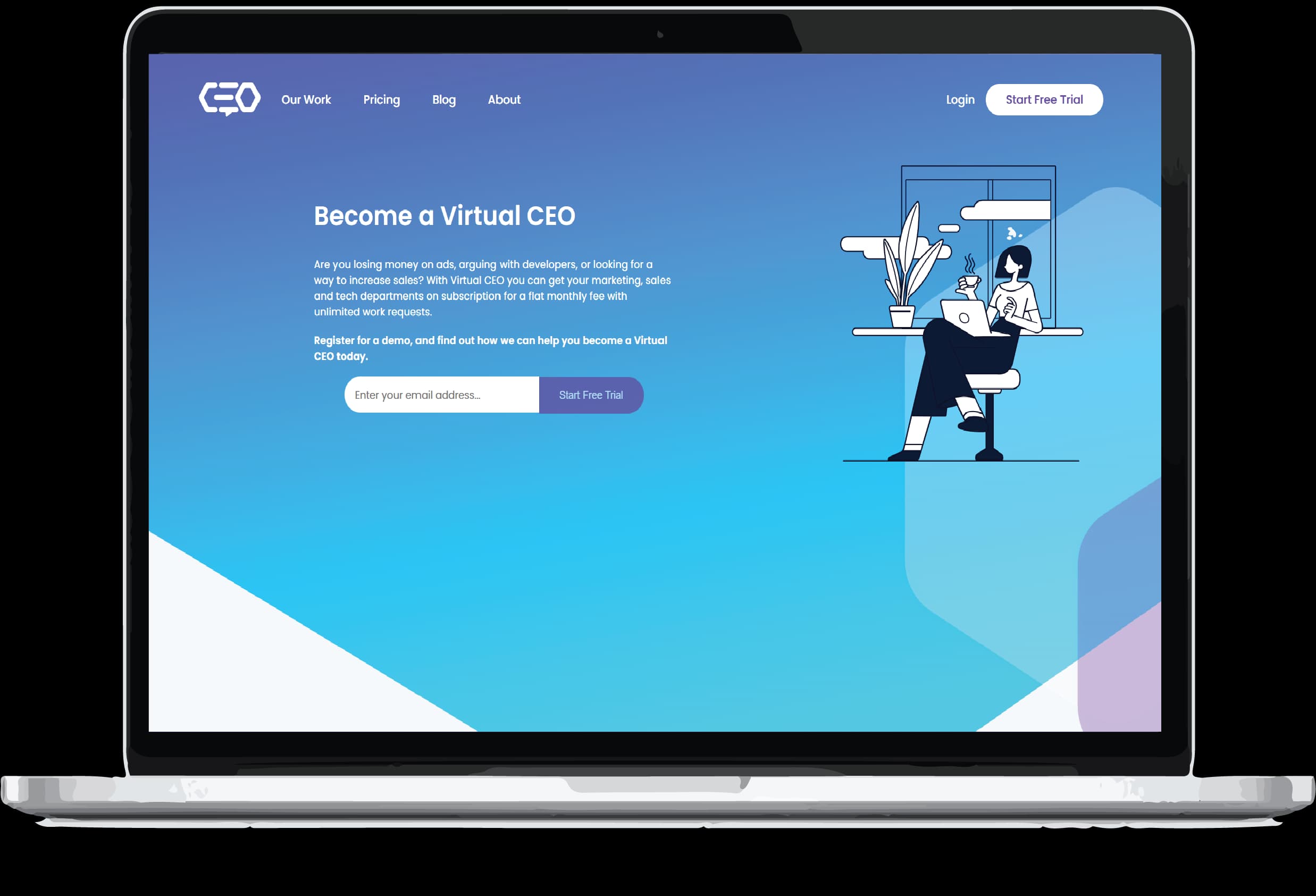 A sleek homepage of the Virtual CEO platform, presented on a laptop screen, with a clean layout and clear call-to-action for exploring its offerings.