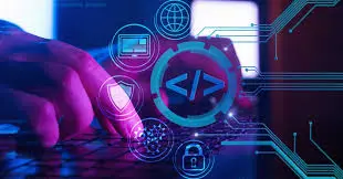 Hands collaborating over a laptop, surrounded by overlayed coding elements, reflecting teamwork in web application development.