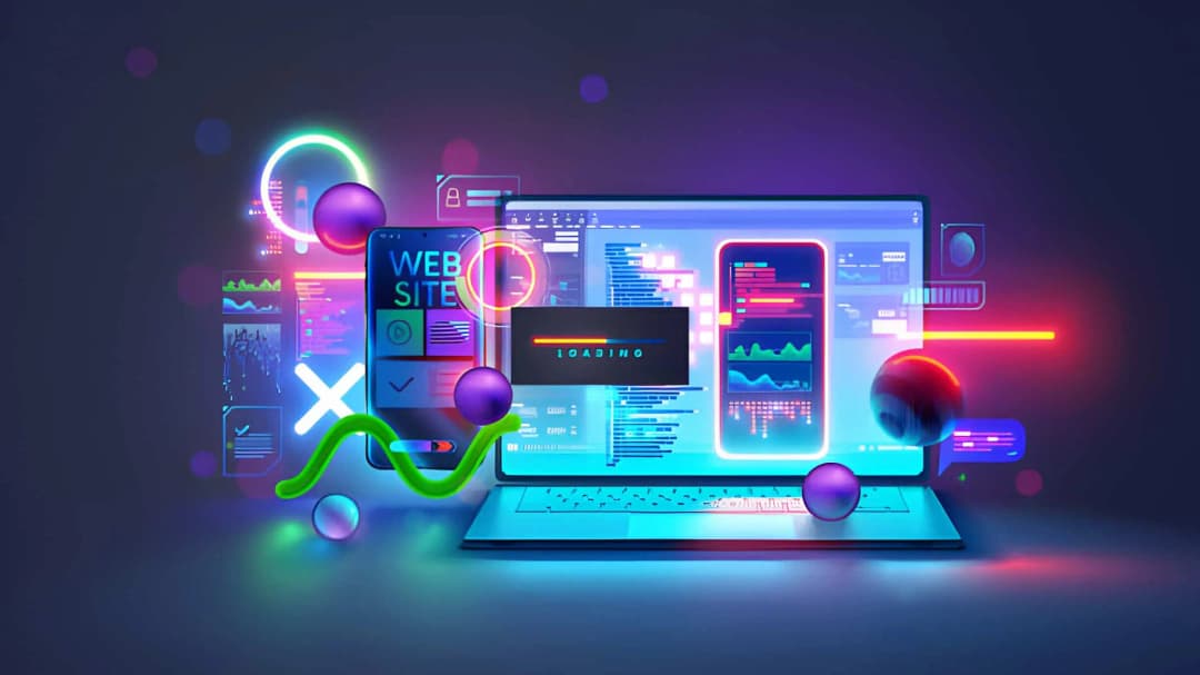 Illustration showcasing modern web development with vibrant digital elements, including a laptop screen, graphs, and dynamic visuals representing innovative design and coding.