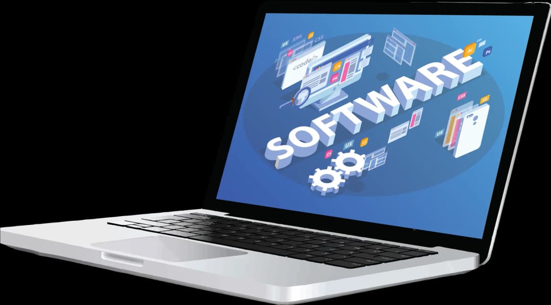 Illustration of a laptop displaying software tools and icons, representing innovative digital solutions and software development services.