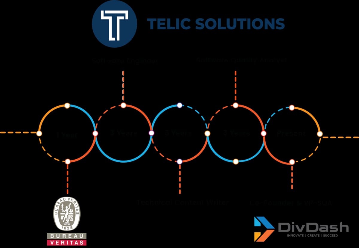 Professional timeline showcasing Hafiz Zujaj Misbah Khan's career journey with logos of Telic Solutions, Bureau Veritas, and Technerds.